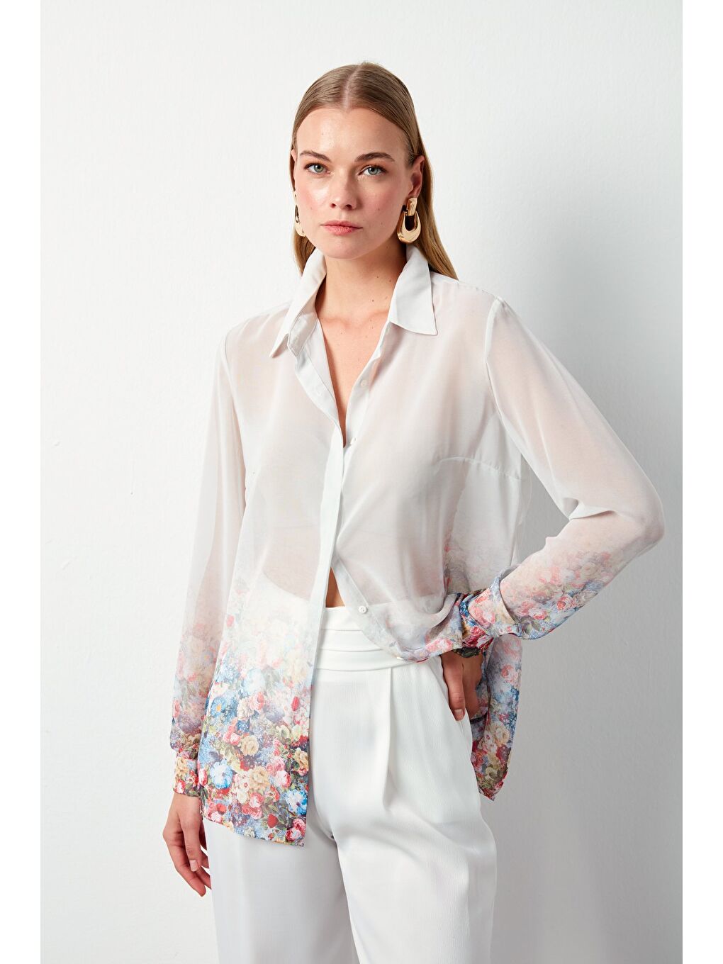 Çiçek Desenli Gömlek - Ekru-2