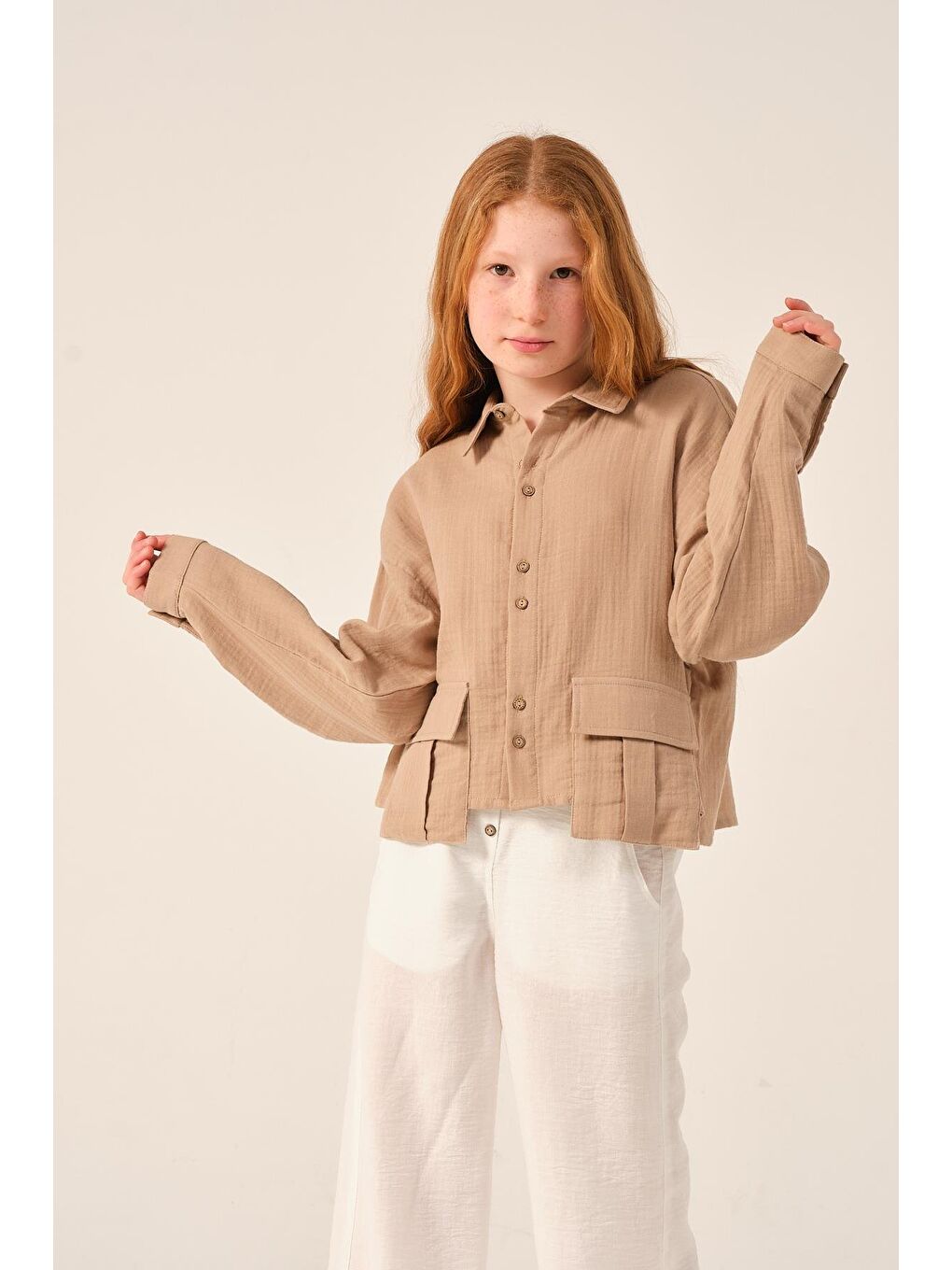 Bej Genç Kız Çocuk Cepli Uzun Kollu Gömlek-2