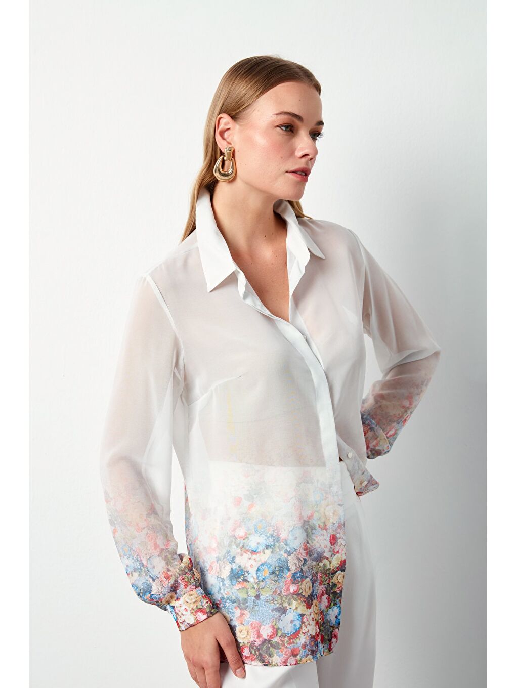 Çiçek Desenli Gömlek - Ekru-3