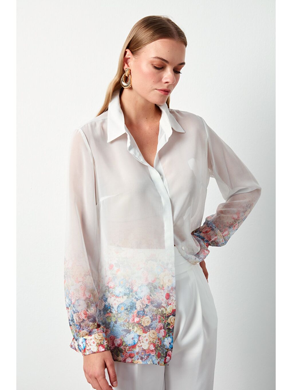 Çiçek Desenli Gömlek - Ekru-4