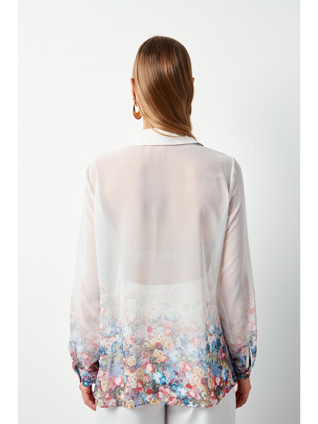 Çiçek Desenli Gömlek - Ekru-5