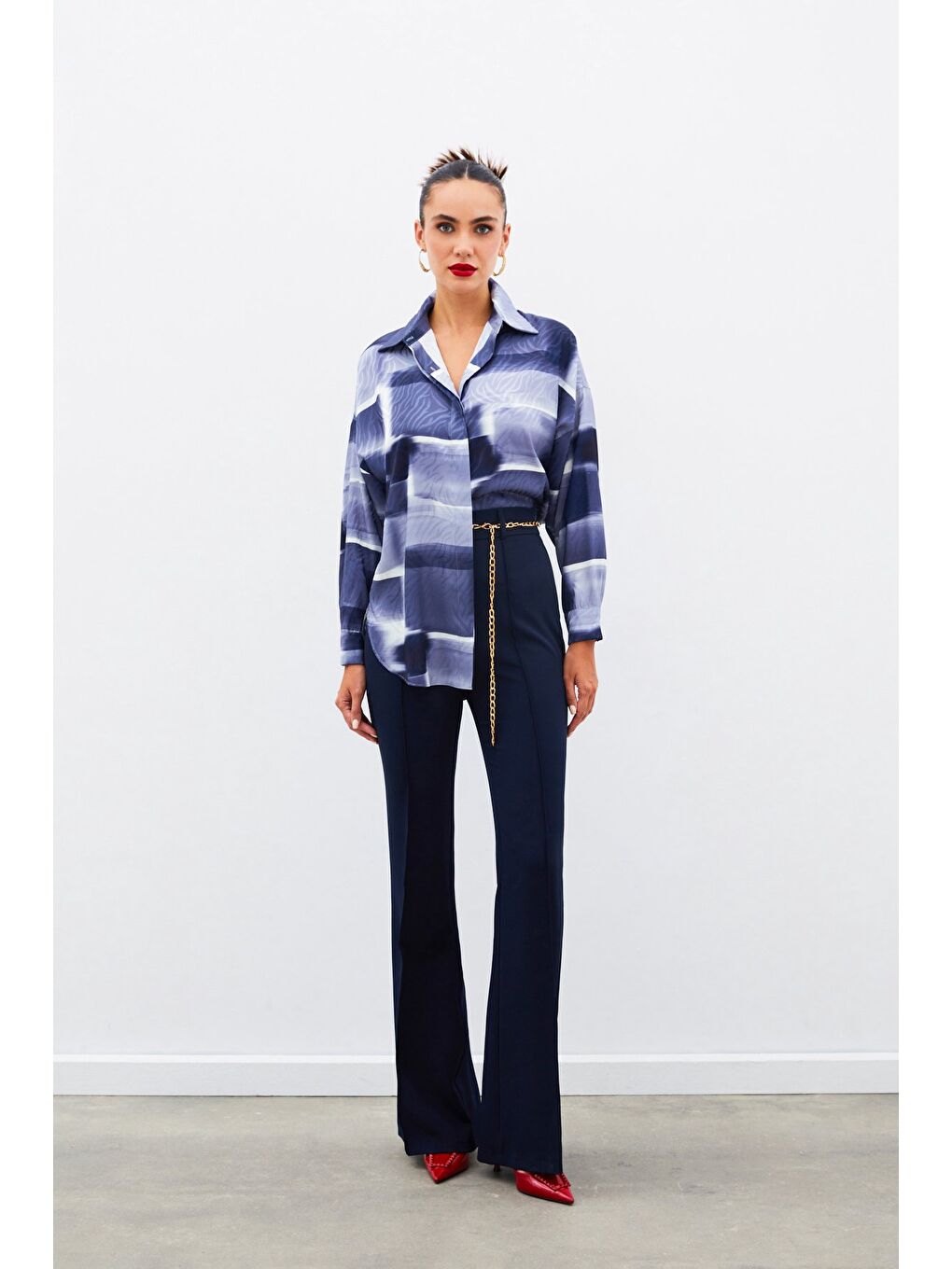 Desenli Uzun Gömlek - Lacivert-1