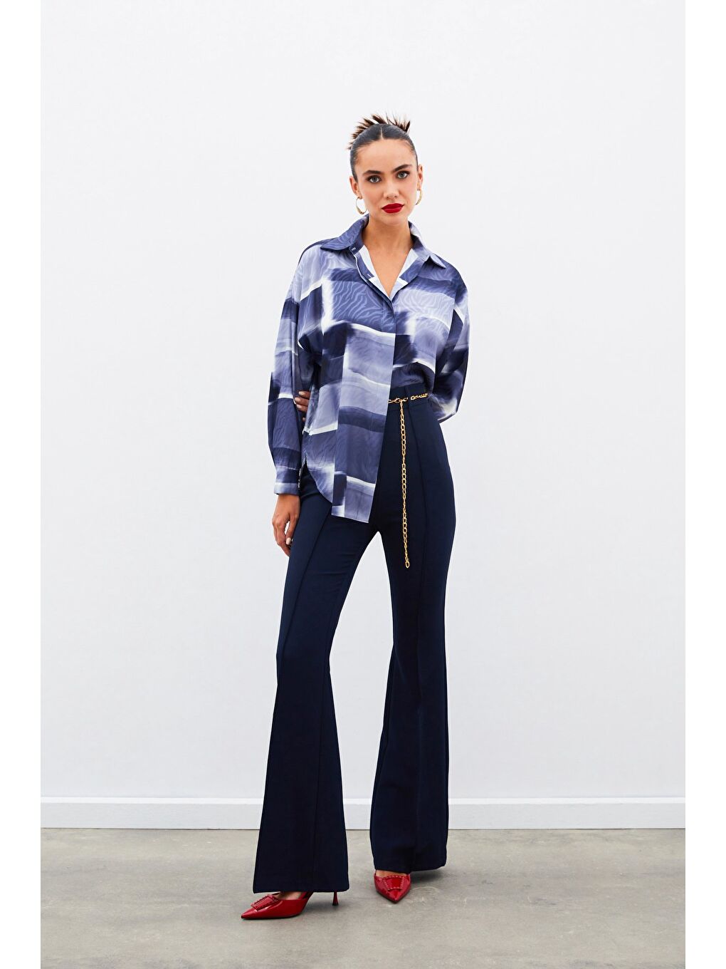 Desenli Uzun Gömlek - Lacivert-2