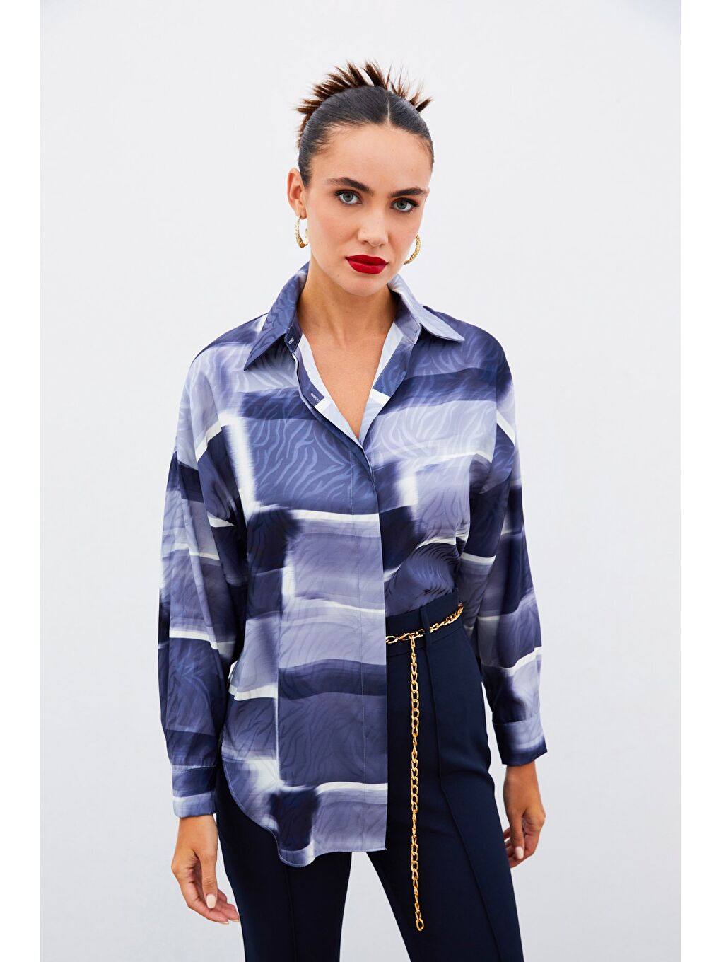 Desenli Uzun Gömlek - Lacivert-3
