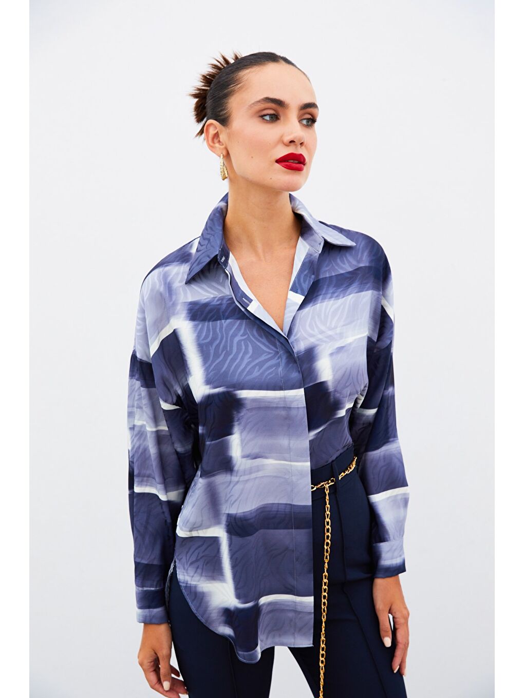 Desenli Uzun Gömlek - Lacivert-4