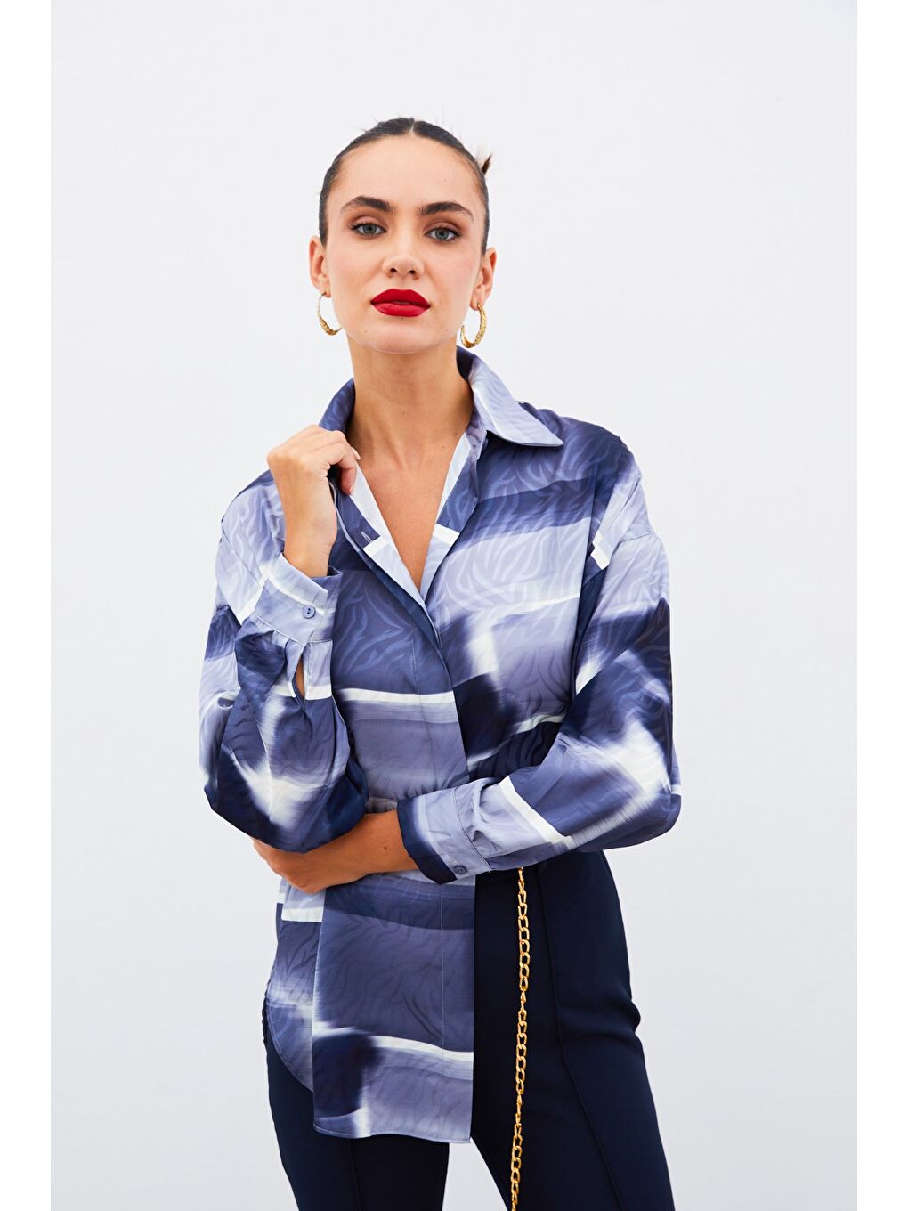 Desenli Uzun Gömlek - Lacivert-5