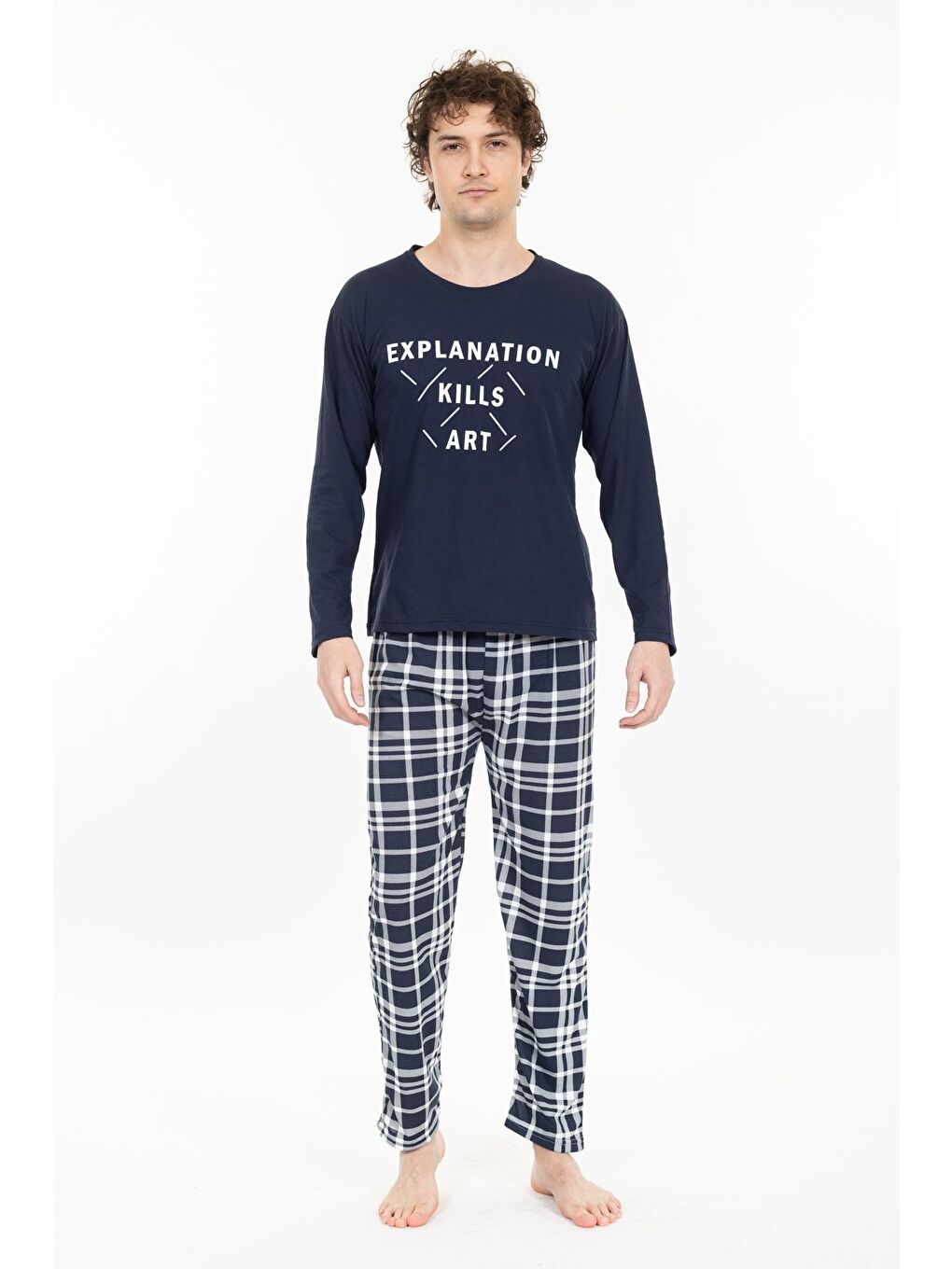 Mavi Erkek Baskılı Pijama Takımı Uzun Kollu