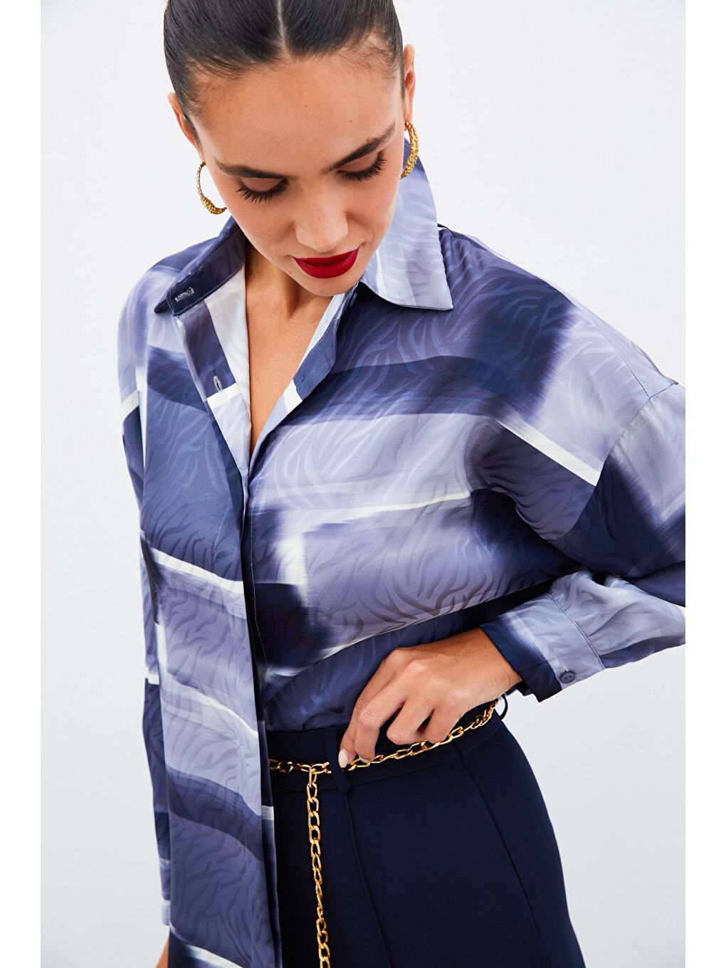 Desenli Uzun Gömlek - Lacivert-6