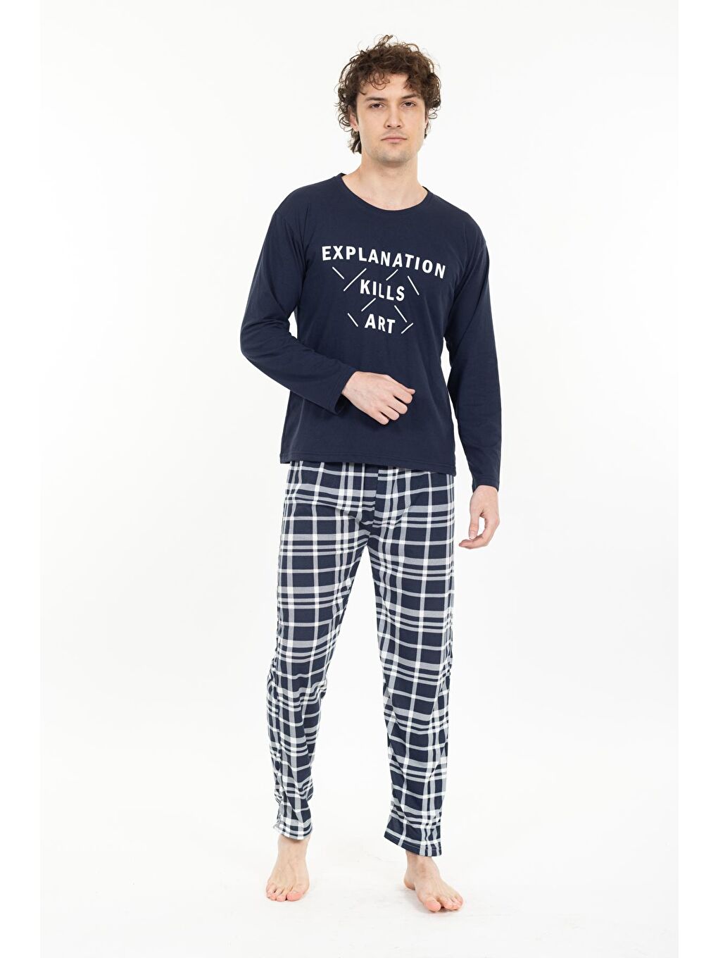 Mavi Erkek Baskılı Pijama Takımı Uzun Kollu-1