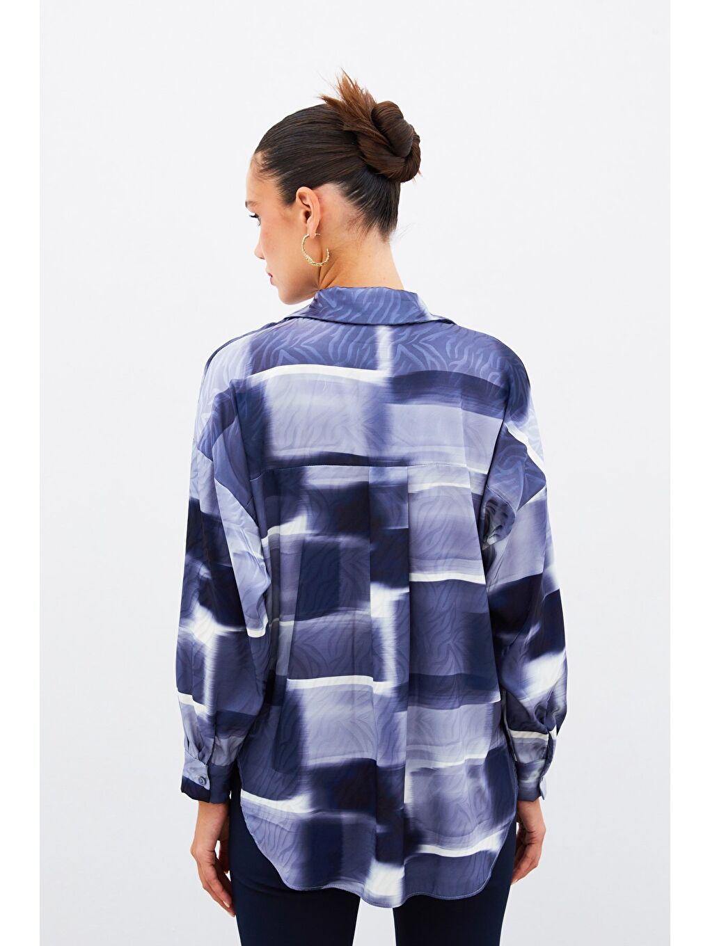 Desenli Uzun Gömlek - Lacivert-7