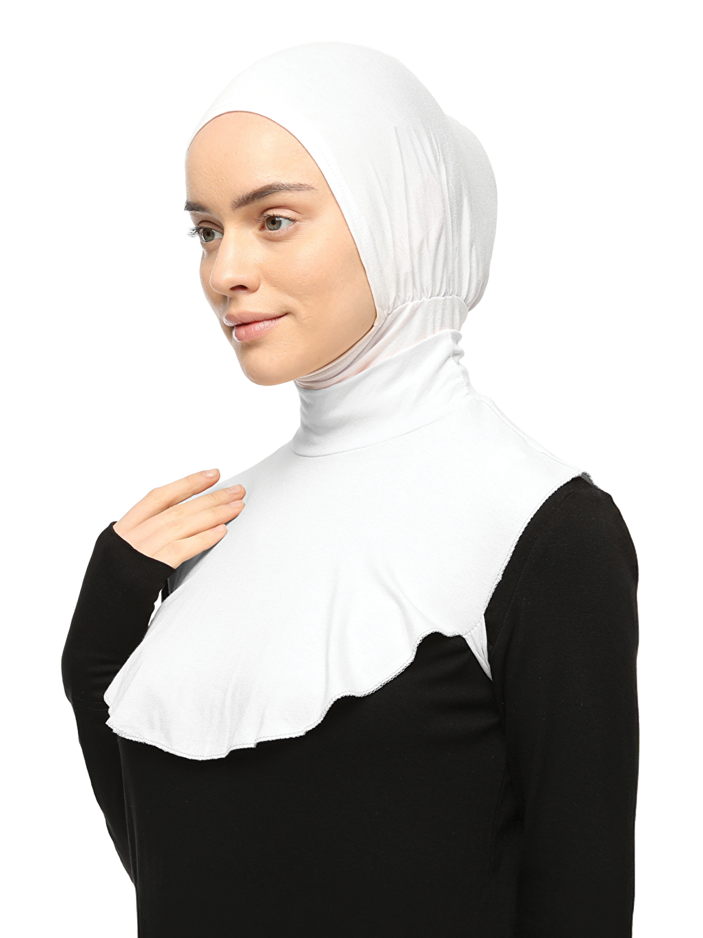 Beyaz Düz Balıkçı Yaka Boğazlı Penye Tesettür Boyunluk-2