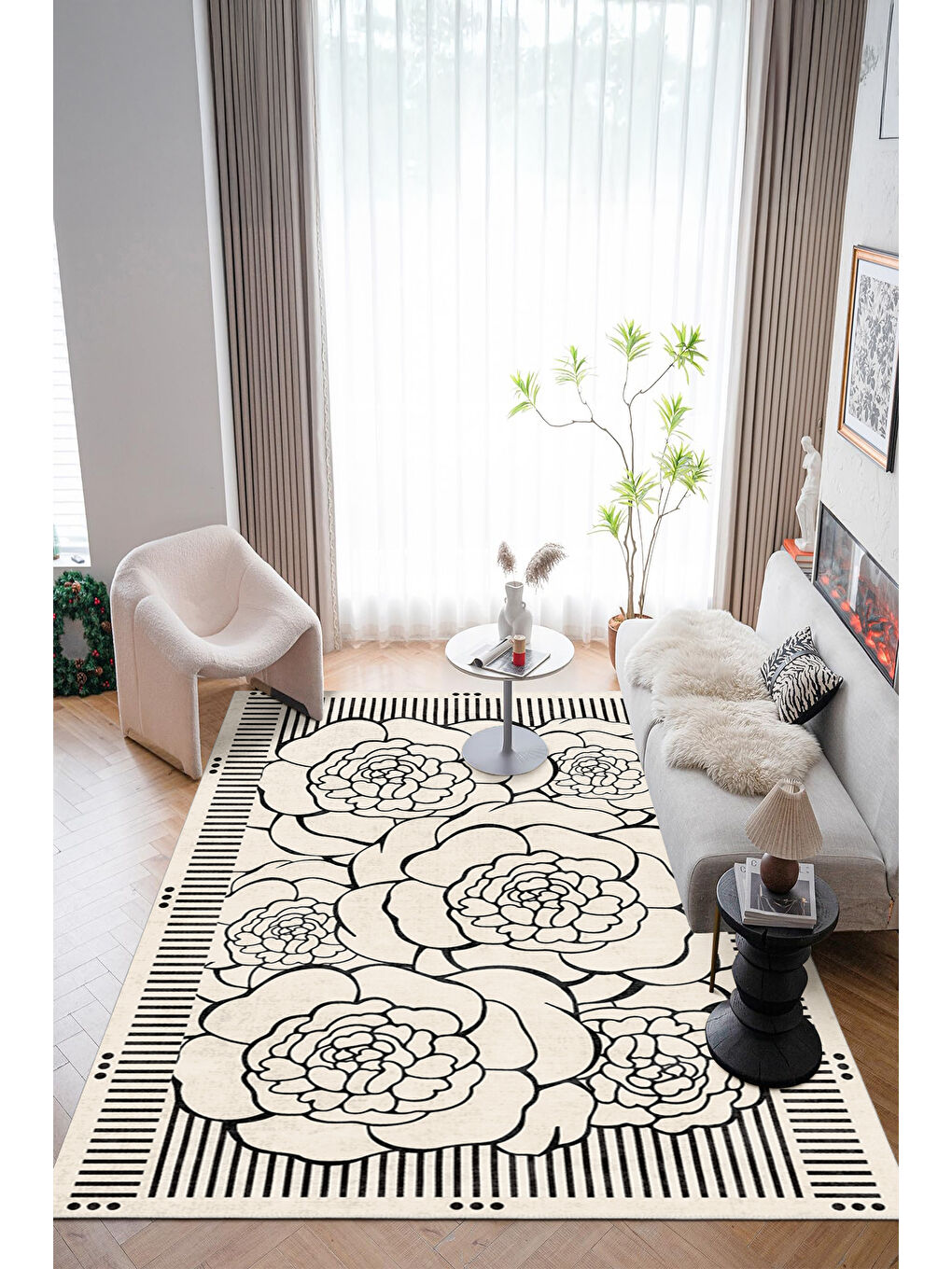 Ekru Modern Dekoratif Yıkanabilir Kaymaz Taban Halı – İnce, Yumuşak Salon Halısı, Mutfak Halısı ve Yolluk-2