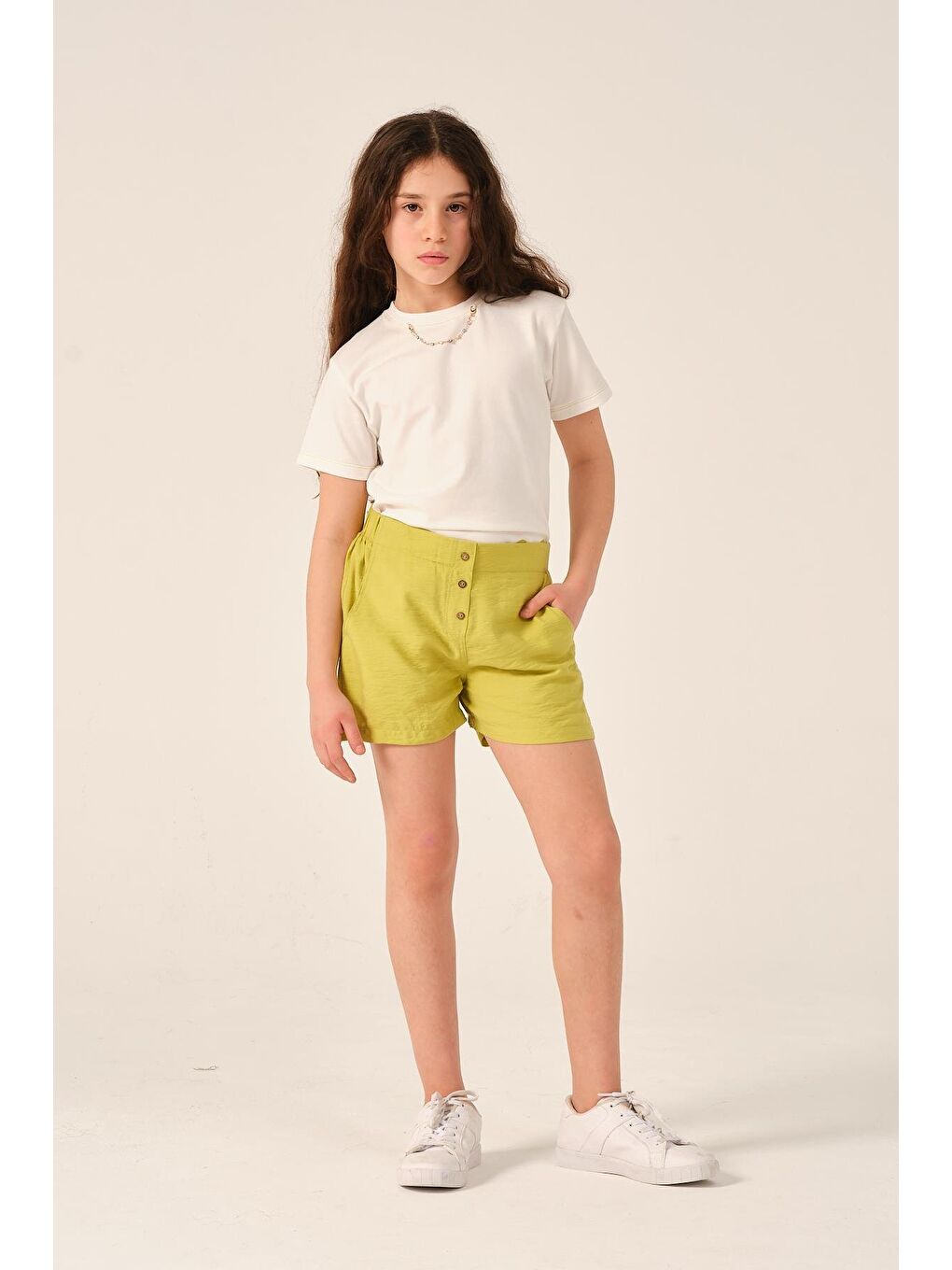 Yeşil Genç Kız Çocuk Düğme Detaylı Şort-3