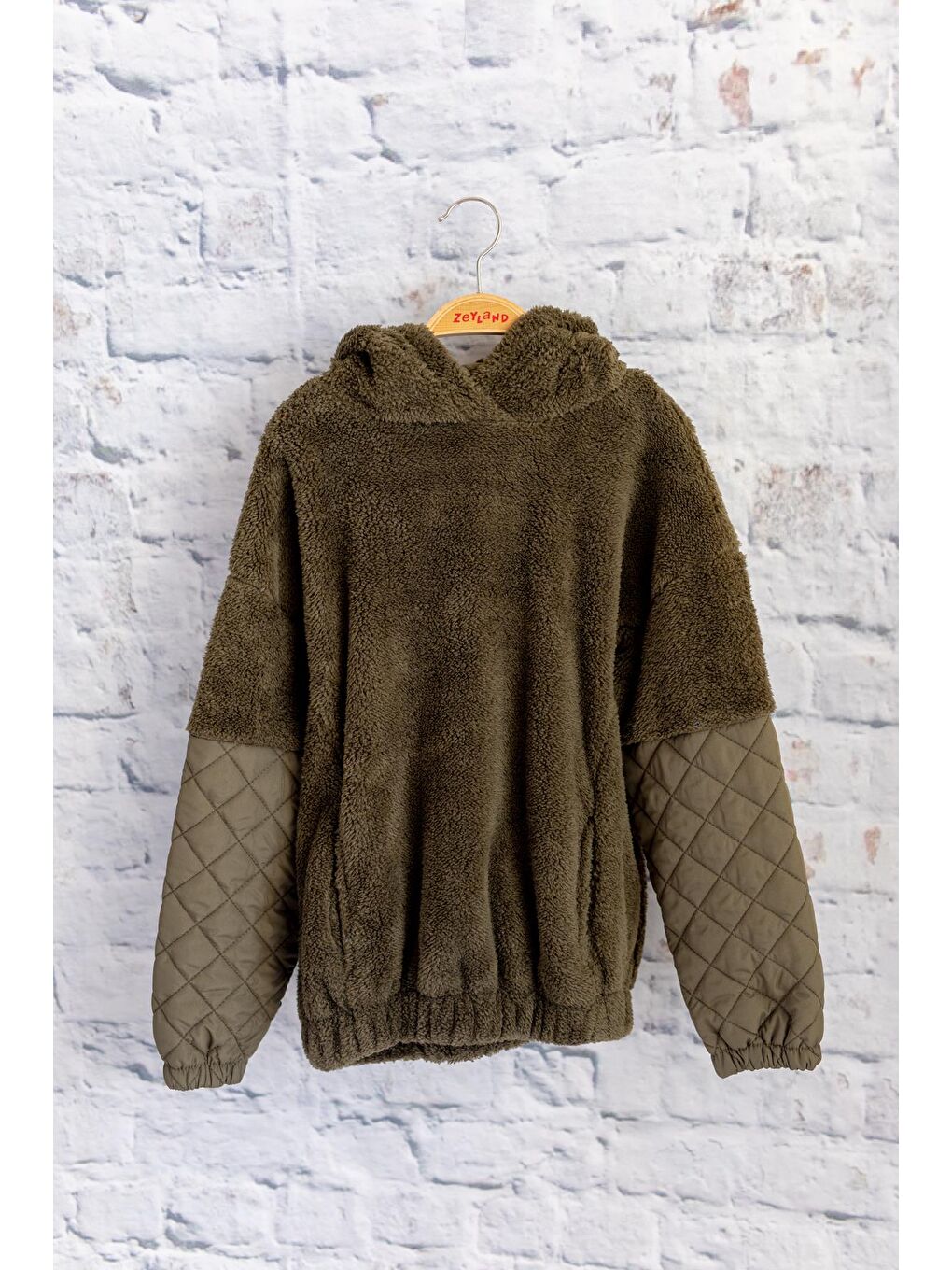 Unisex Çocuk Kapitone Detaylı Pelüş Sweatshirt - Haki-2