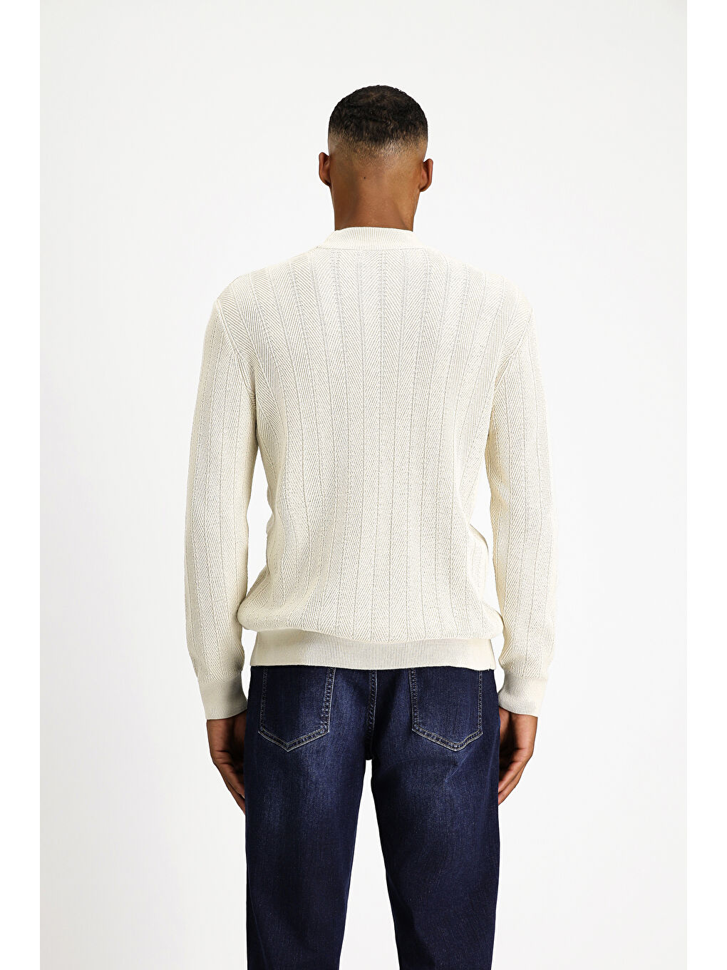 Ekru Bato Yaka Slim Fit Dar Kesim Desenli Pamuklu Triko Büyük Beden Kazak-3