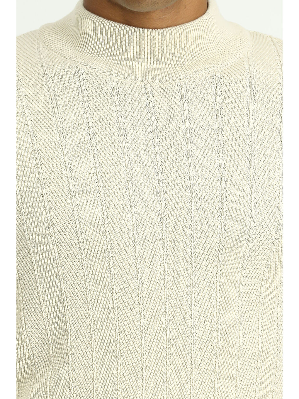 Ekru Bato Yaka Slim Fit Dar Kesim Desenli Pamuklu Triko Büyük Beden Kazak-4