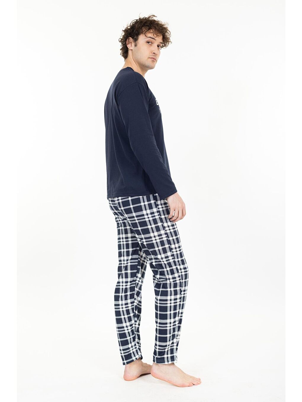 Mavi Erkek Baskılı Pijama Takımı Uzun Kollu-4