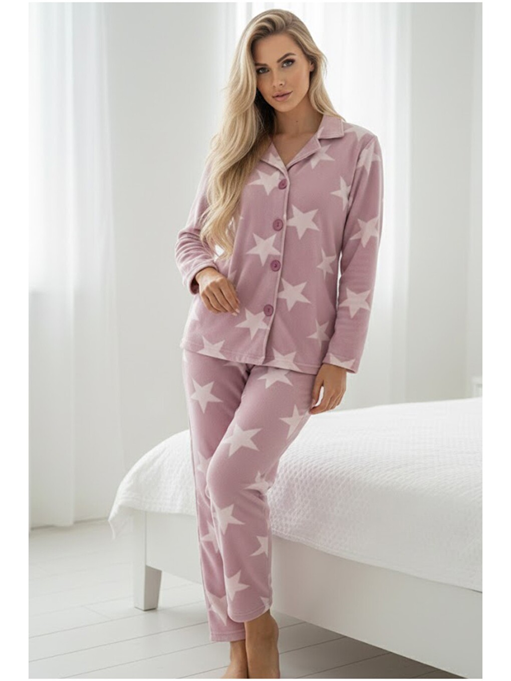 Pembe Yıldız Desenli Düğmeli Polar Kışlık Örme Pijama Takım-1