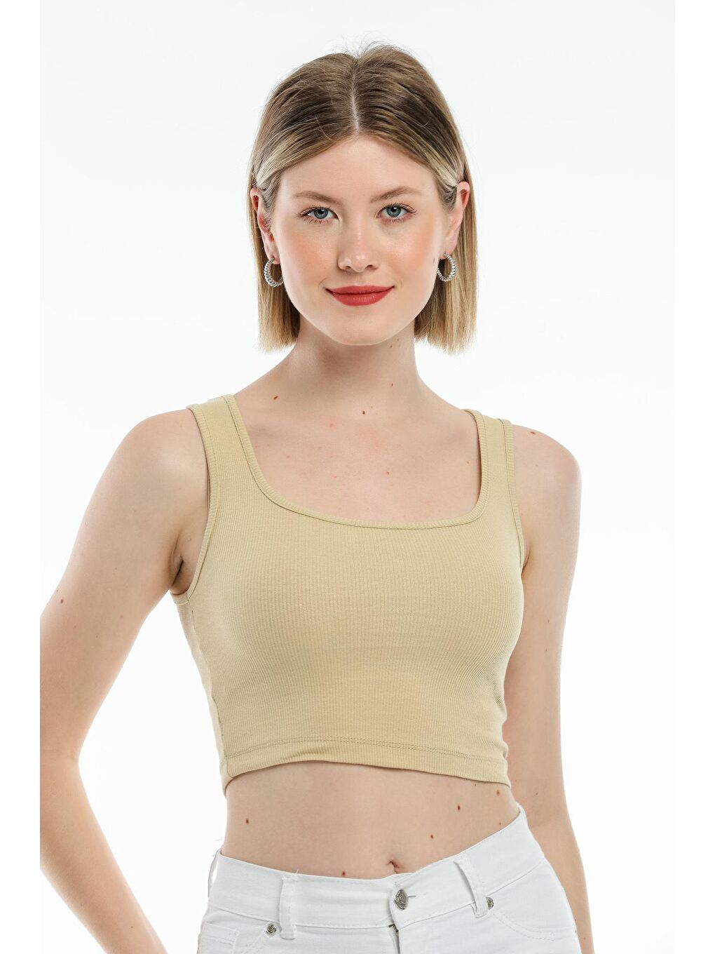 Bej Kadın Crop Örme Slim Fit Atlet-Tişort SPR21Y19