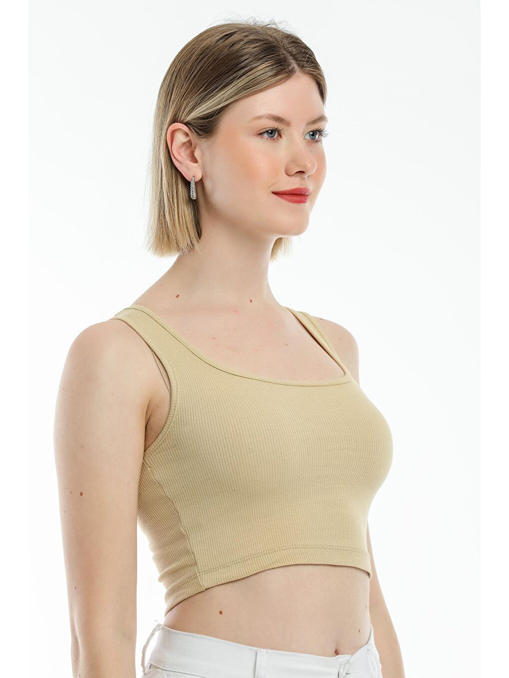 Bej Kadın Crop Örme Slim Fit Atlet-Tişort SPR21Y19-2