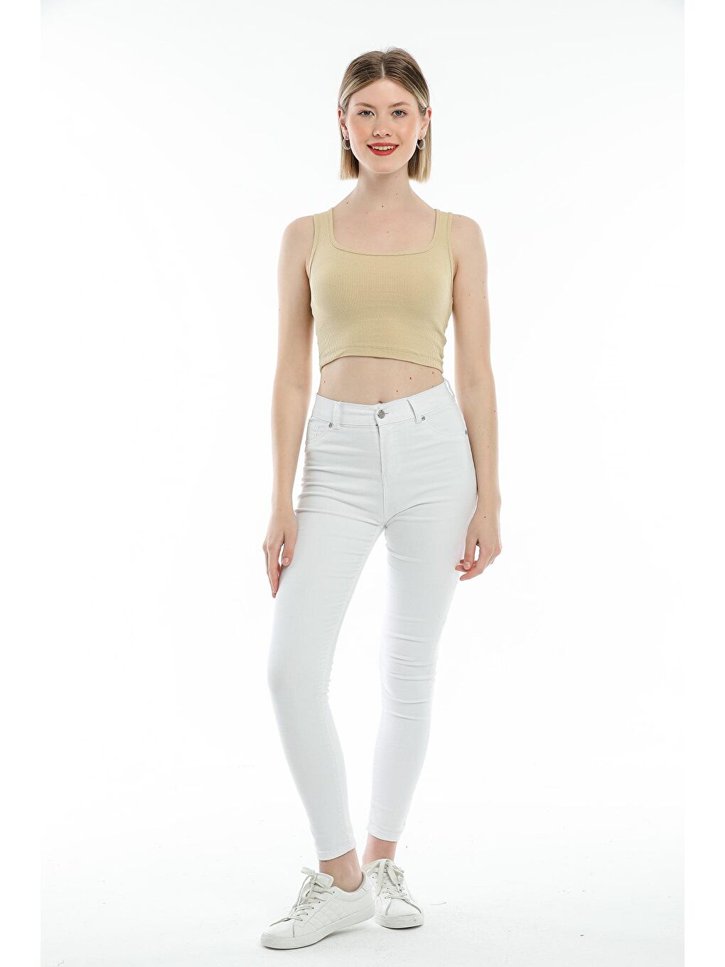 Bej Kadın Crop Örme Slim Fit Atlet-Tişort SPR21Y19-3