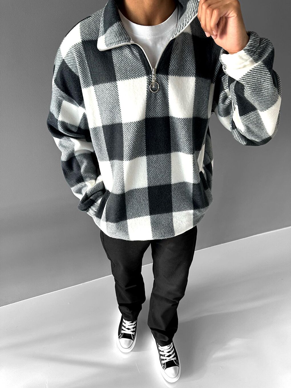 Erkek Oversize Yarım Fermuarlı Ekose Polar Sweatshirt Siyah