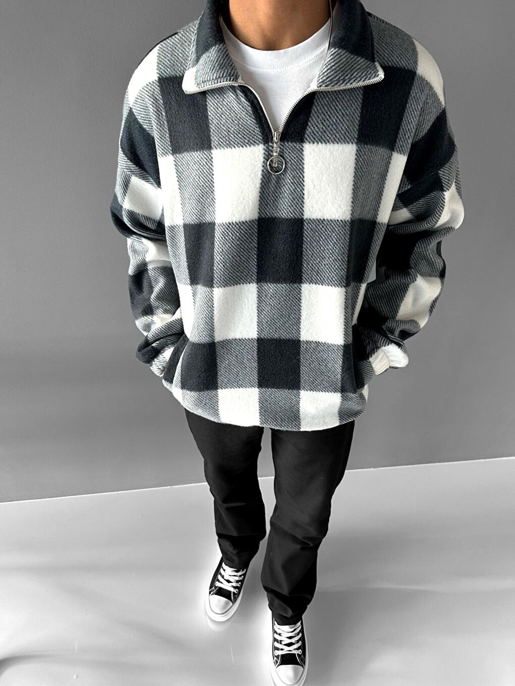 Erkek Oversize Yarım Fermuarlı Ekose Polar Sweatshirt Siyah-1
