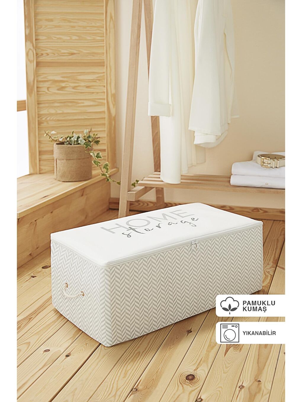 Orta Boy Yıkanabilir Gri Balıksırtı Home Storage Pamuklu Hurç 52 x 28 x 21 cm