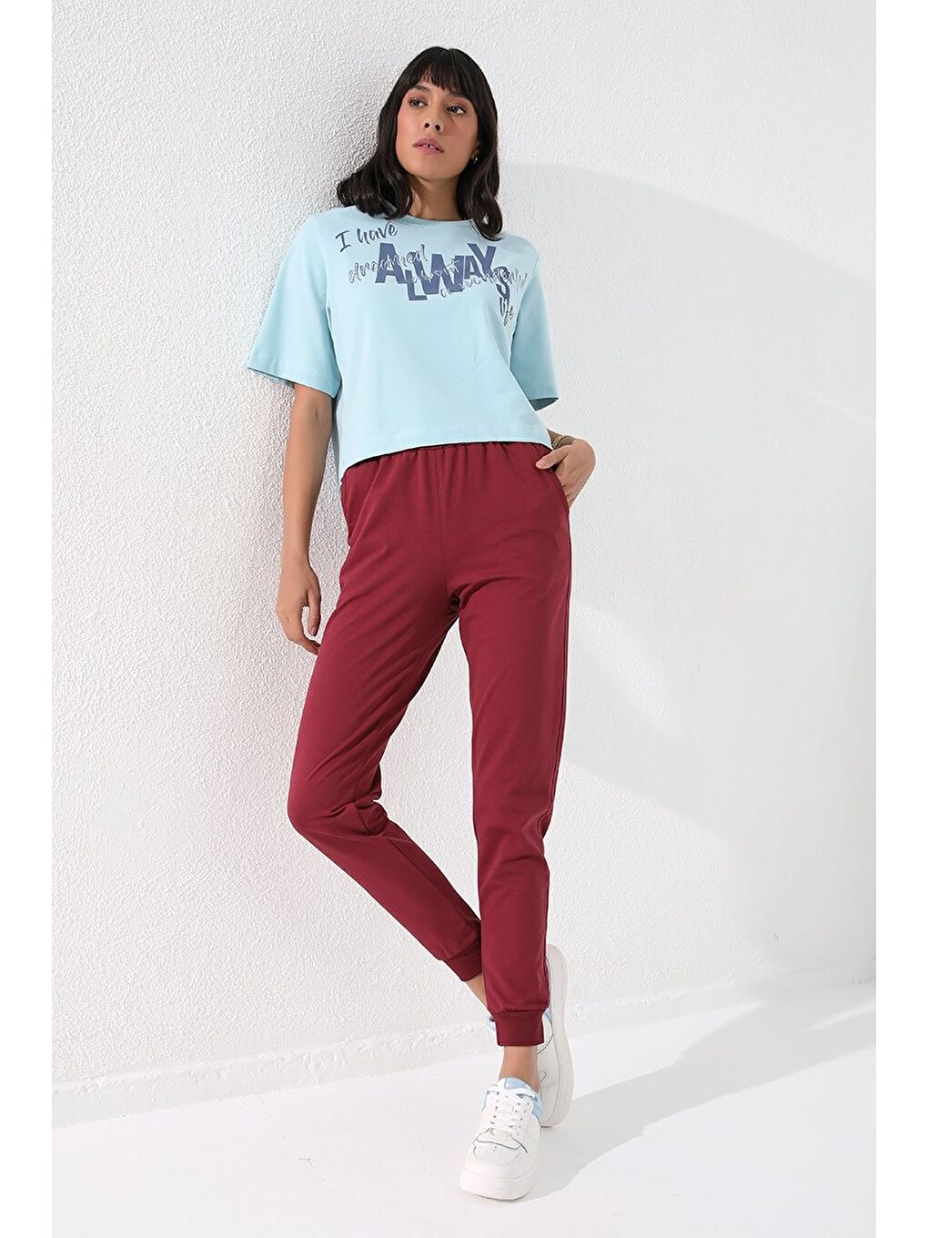Bordo Yüksek Bel Jogger Rahat Form Manşetli Kadın Eşofman Alt - 94561