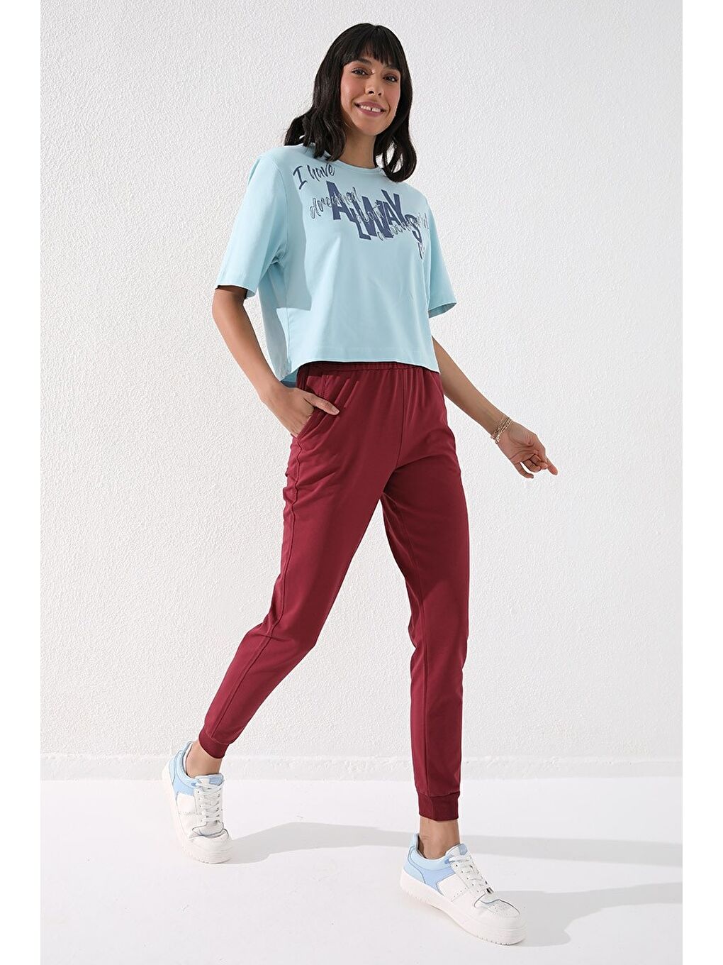 Bordo Yüksek Bel Jogger Rahat Form Manşetli Kadın Eşofman Alt - 94561-2