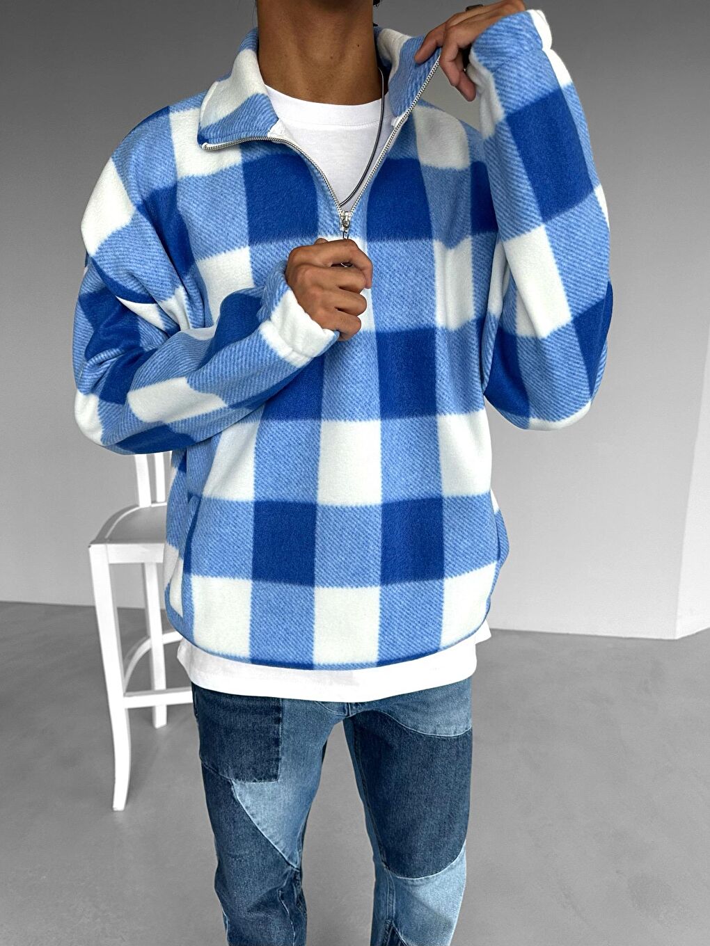 Erkek Oversize Yarım Fermuarlı Ekose Polar Sweatshirt Mavi