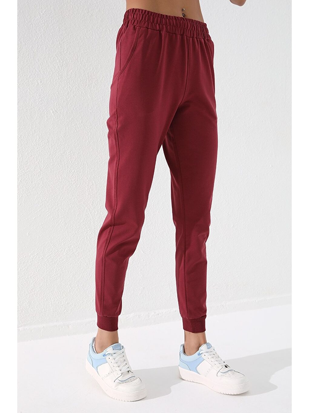 Bordo Yüksek Bel Jogger Rahat Form Manşetli Kadın Eşofman Alt - 94561-3