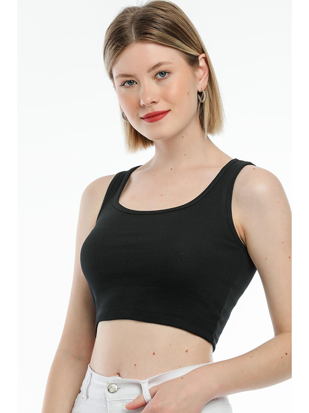 Siyah Kadın Crop Örme Slim Fit Atlet-Tişort SPR21Y19-3