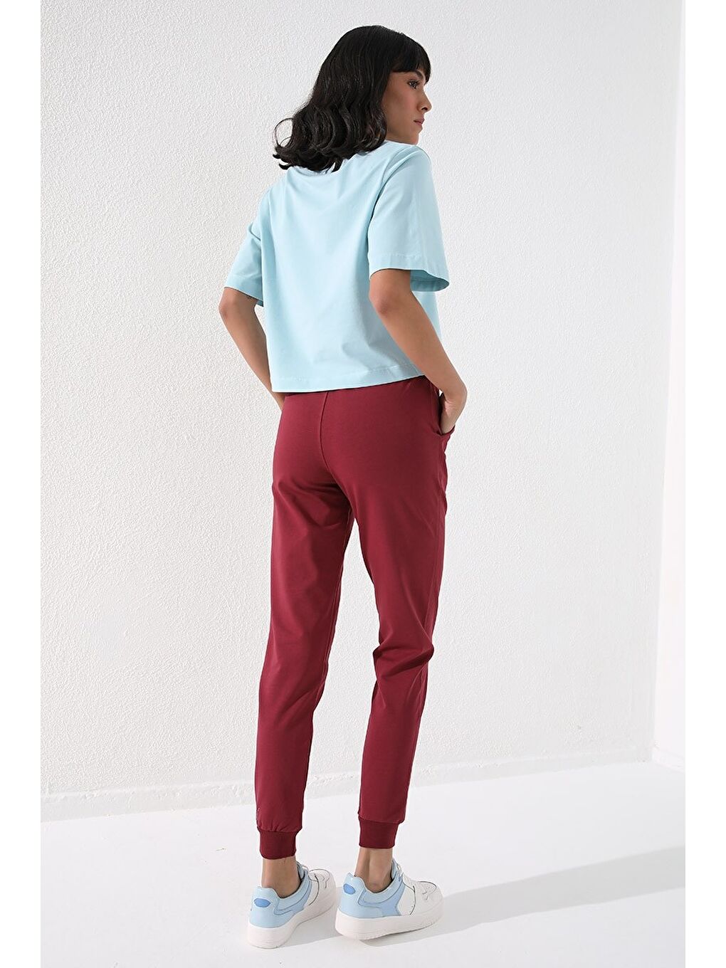 Bordo Yüksek Bel Jogger Rahat Form Manşetli Kadın Eşofman Alt - 94561-4
