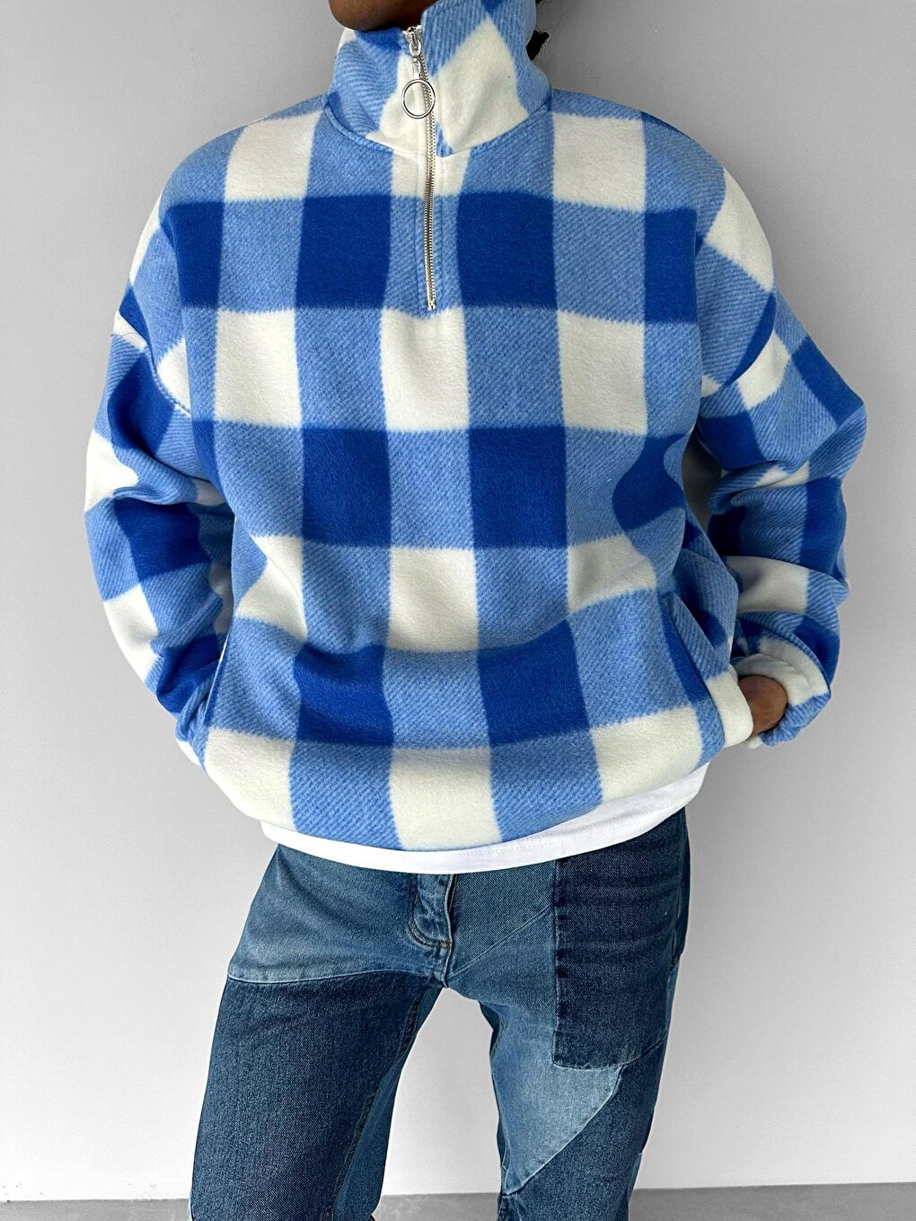 Erkek Oversize Yarım Fermuarlı Ekose Polar Sweatshirt Mavi-1