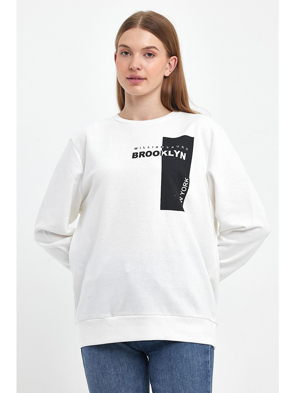 Süperlife Ekru Kadın Bisiklet Yaka Rahat Kalıp 3 iplik Kalın W.Brooklyn Baskılı Sweatshirt SPR24SWK31 - 3