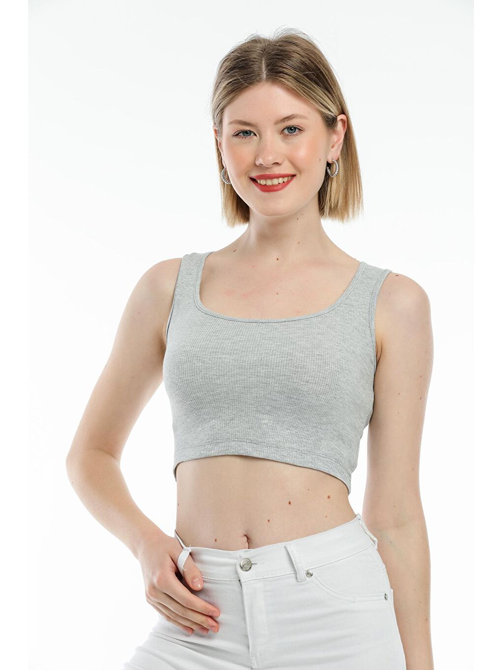 Gri Kadın Crop Örme Slim Fit Atlet-Tişort SPR21Y19-2