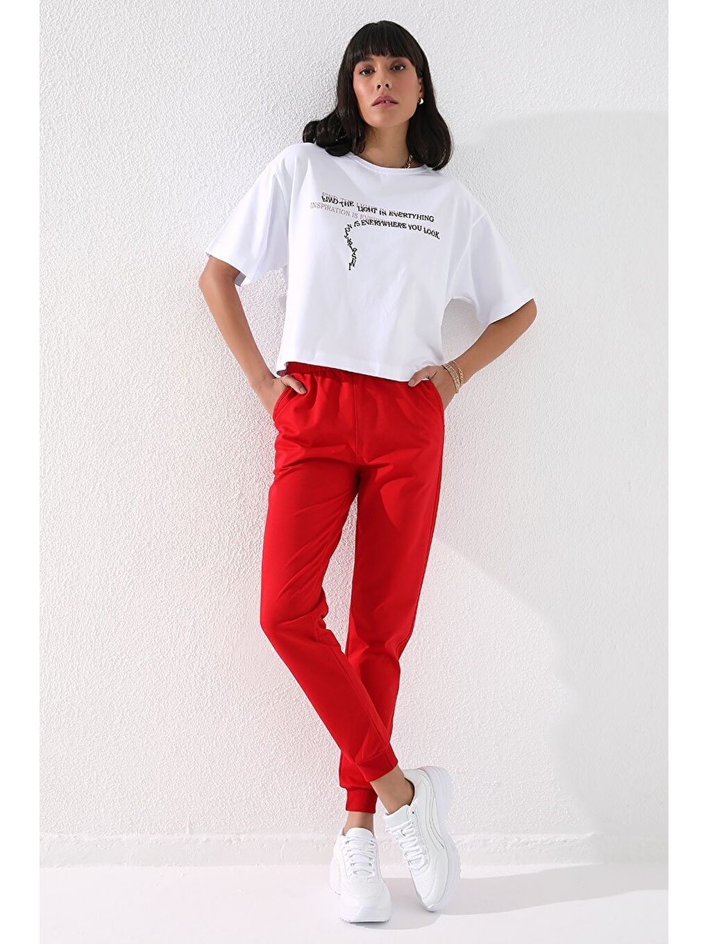 Kırmızı Yüksek Bel Jogger Rahat Form Manşetli Kadın Eşofman Alt - 94561