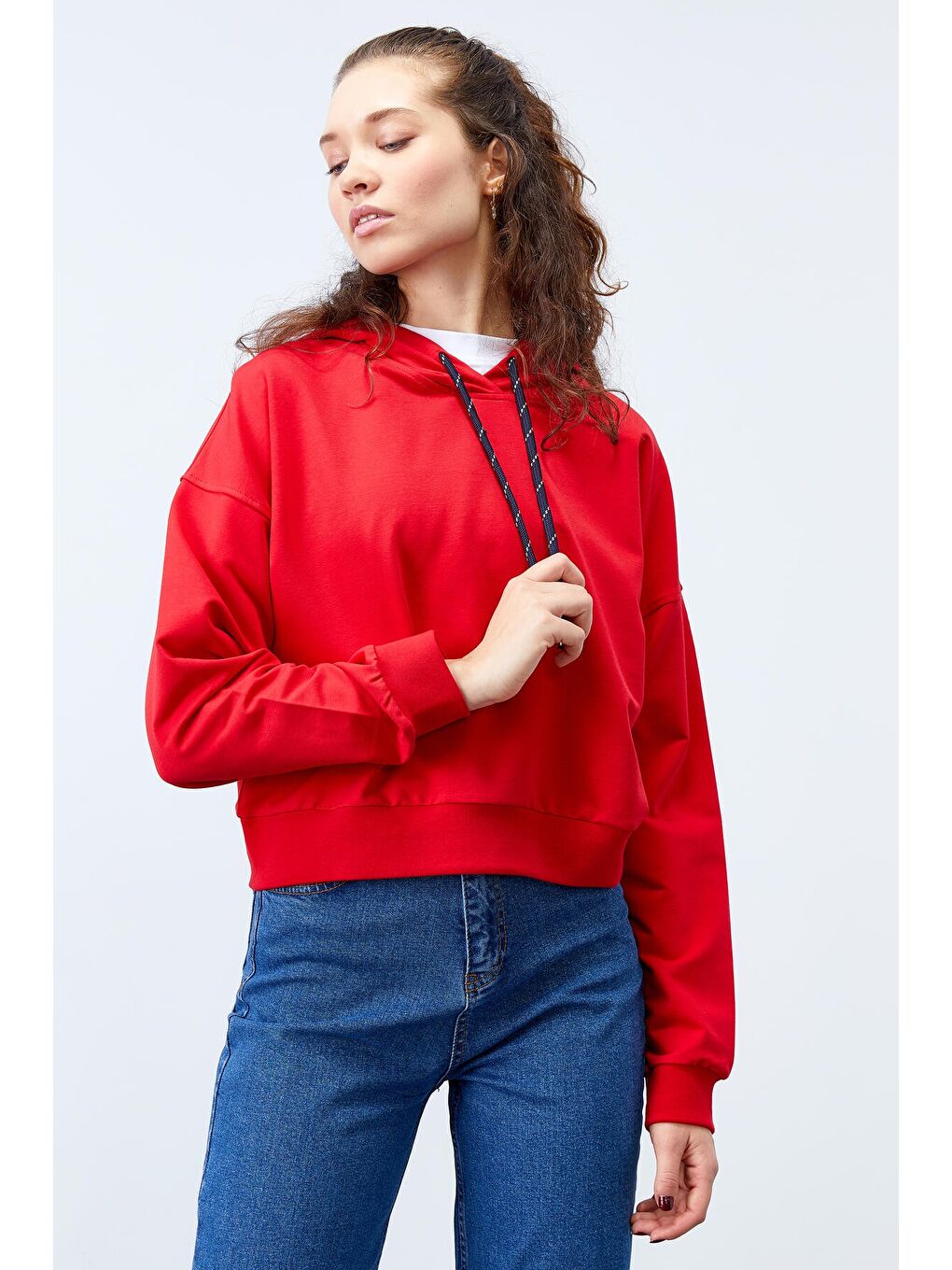 Kırmızı Uzun Kol Rahat Form Kapüşonlu Kadın Sweatshirt - 97115-4