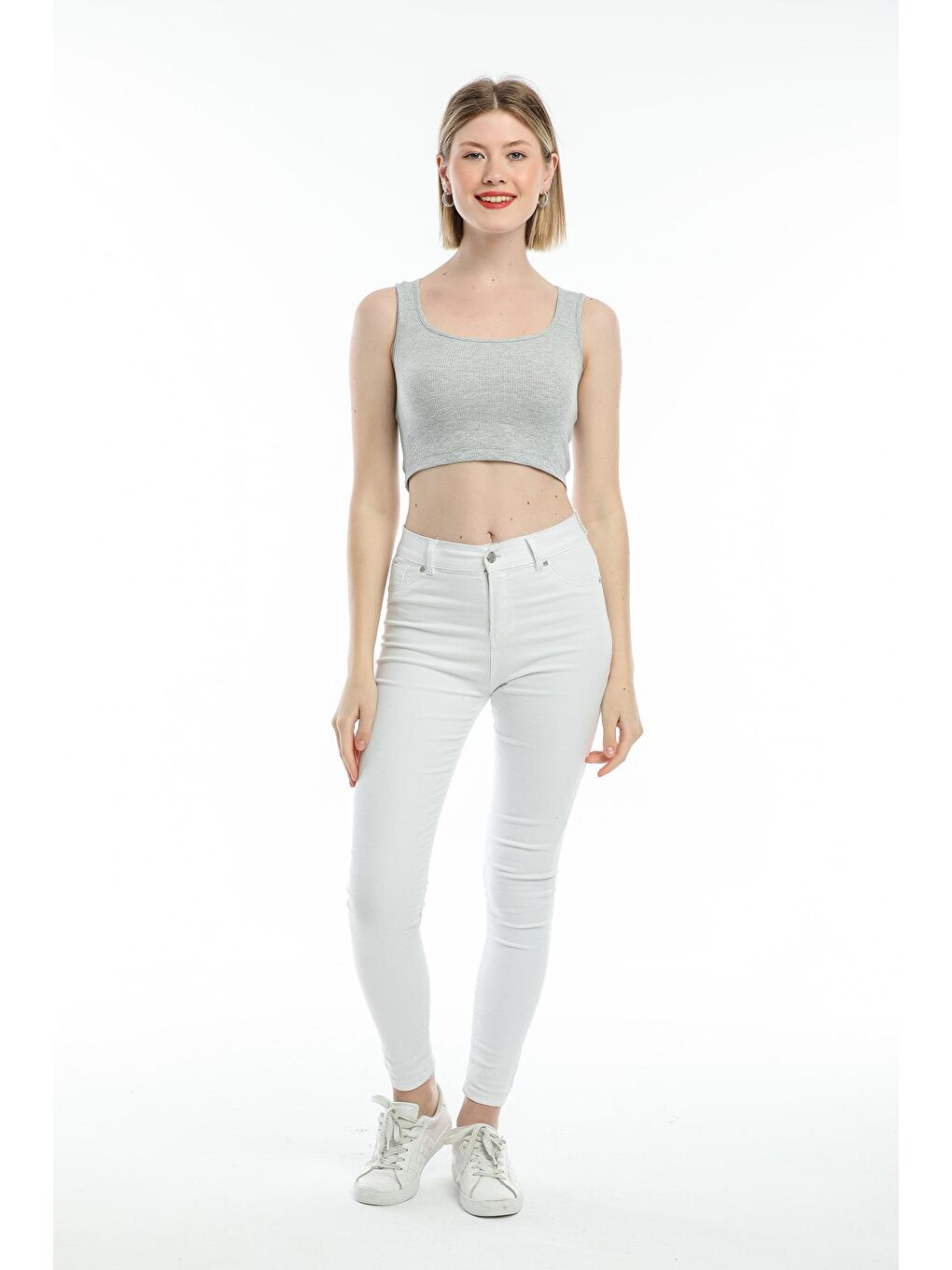 Gri Kadın Crop Örme Slim Fit Atlet-Tişort SPR21Y19-3