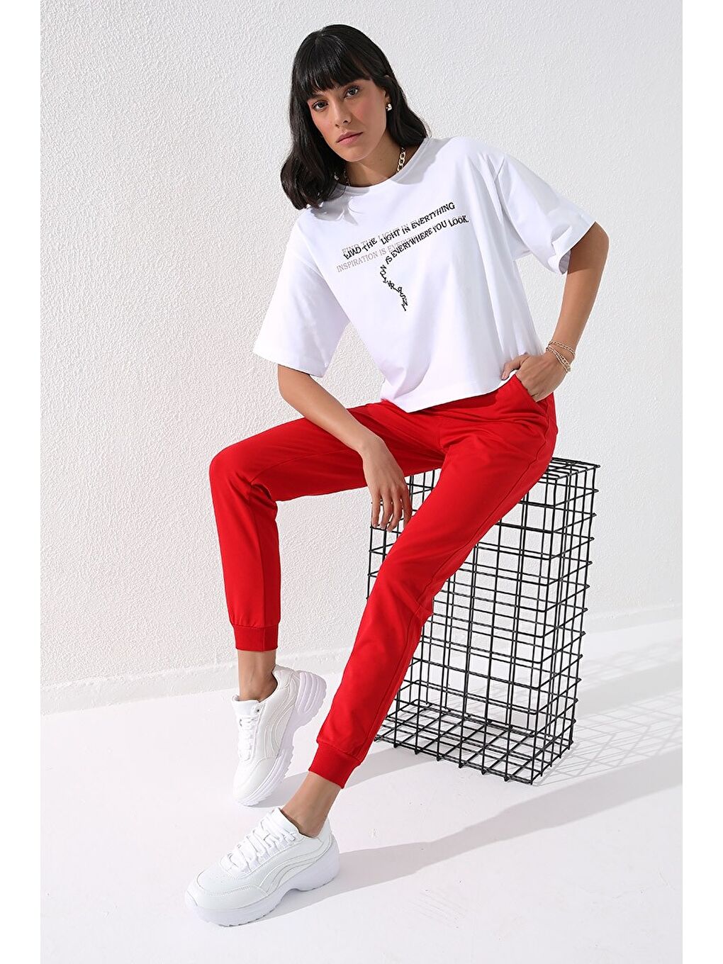 Kırmızı Yüksek Bel Jogger Rahat Form Manşetli Kadın Eşofman Alt - 94561-4