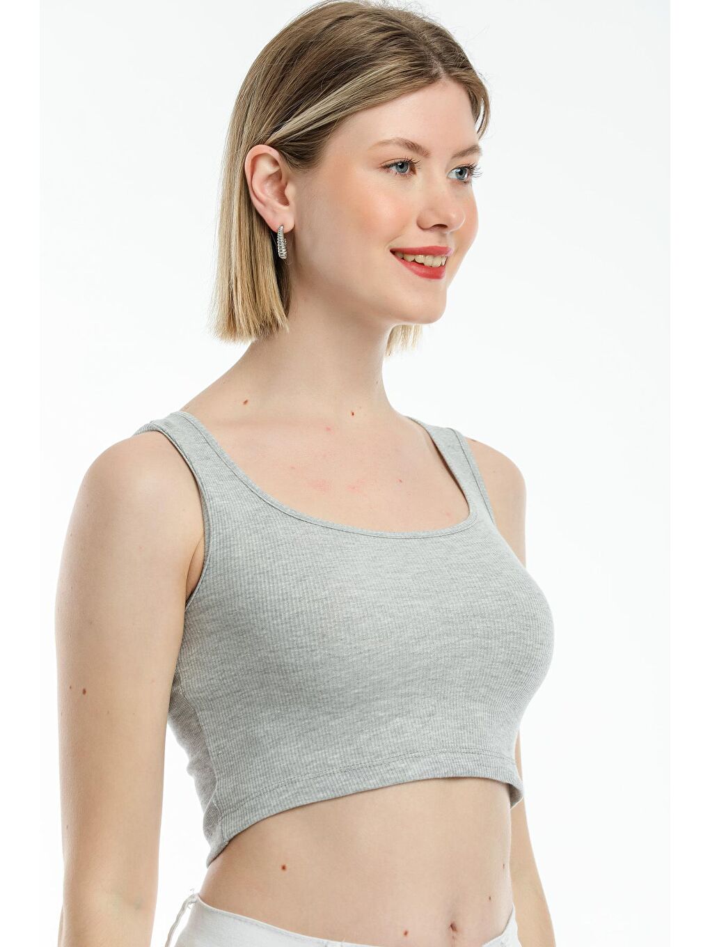 Gri Kadın Crop Örme Slim Fit Atlet-Tişort SPR21Y19-4