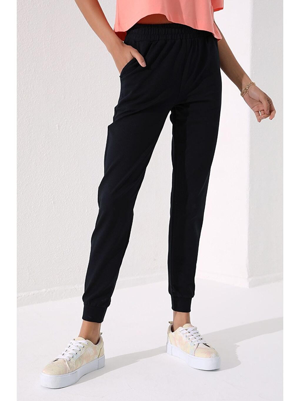 Lacivert Yüksek Bel Jogger Rahat Form Manşetli Kadın Eşofman Alt - 94561-1