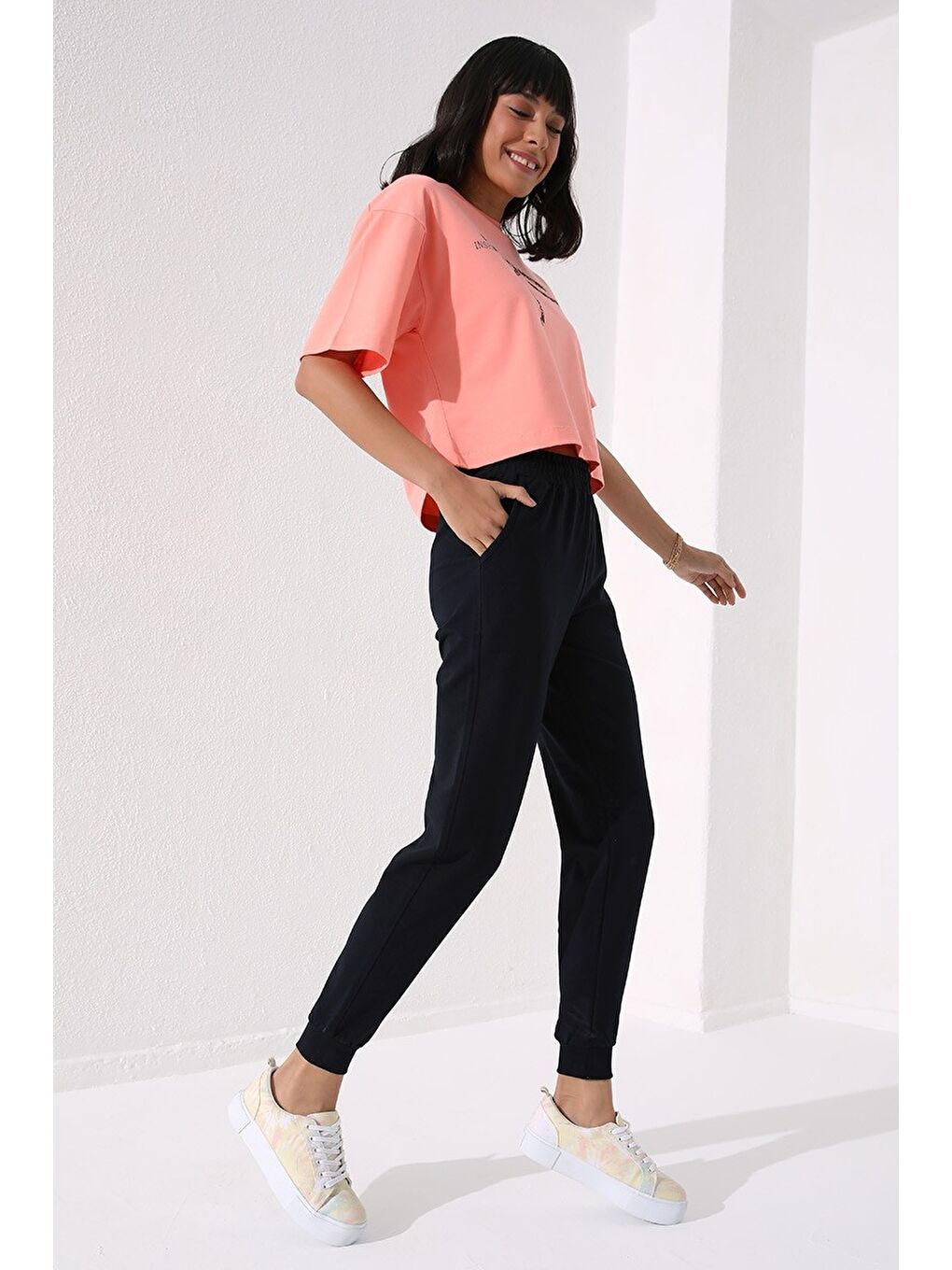 Lacivert Yüksek Bel Jogger Rahat Form Manşetli Kadın Eşofman Alt - 94561-4