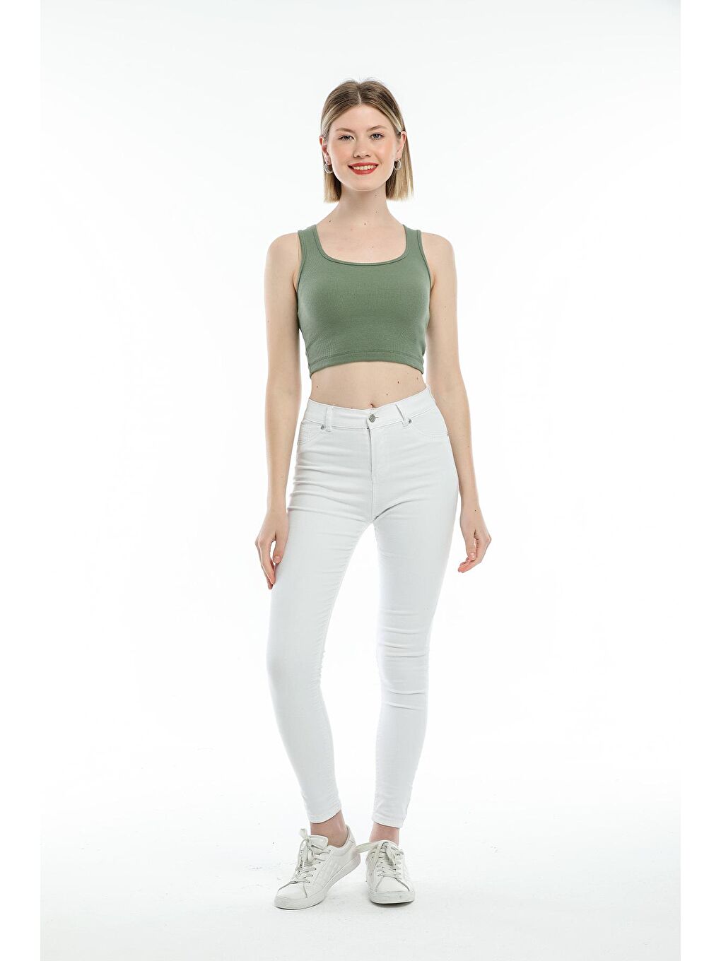 Haki Kadın Crop Örme Slim Fit Atlet-Tişort SPR21Y19