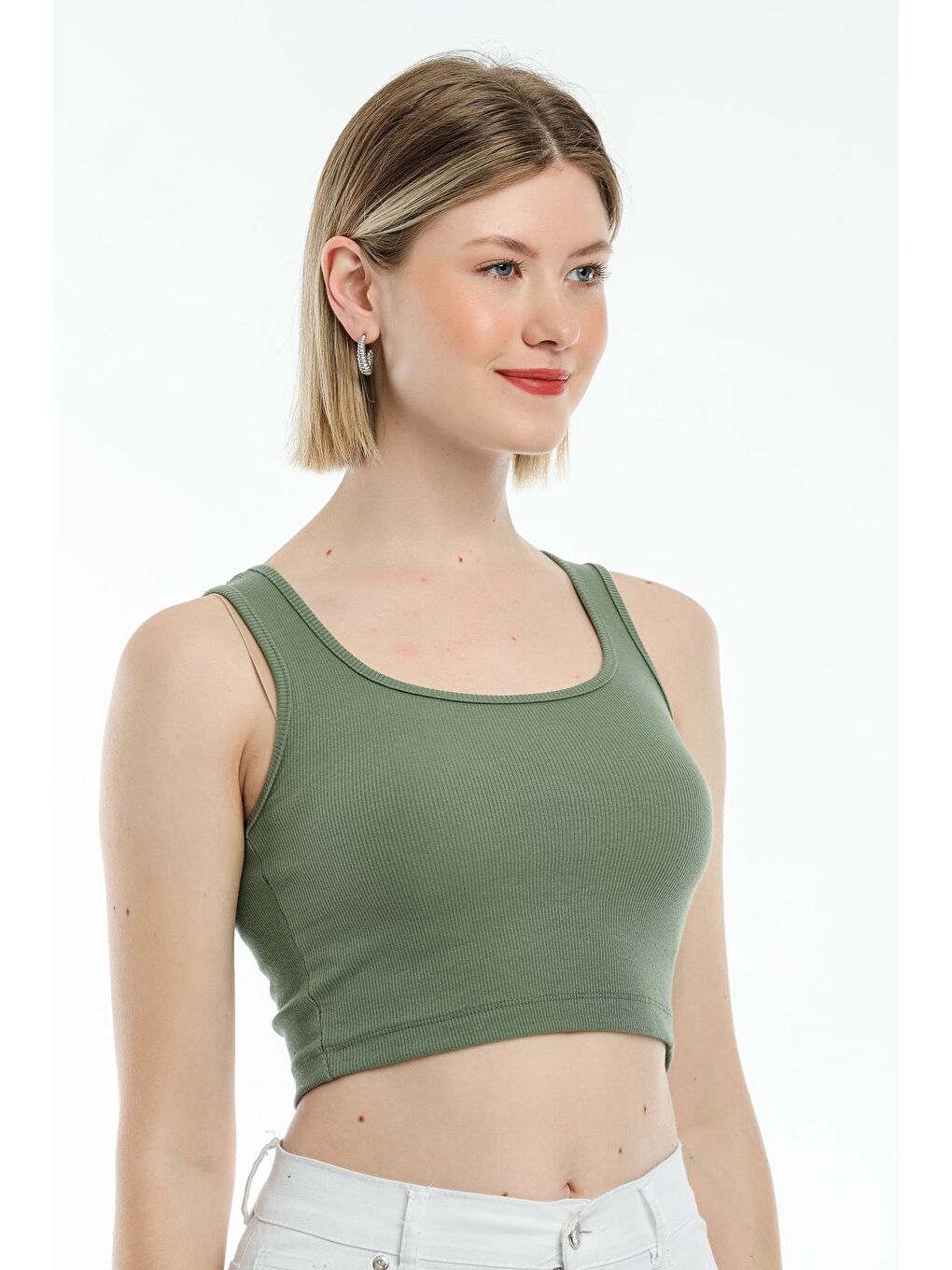 Haki Kadın Crop Örme Slim Fit Atlet-Tişort SPR21Y19-1