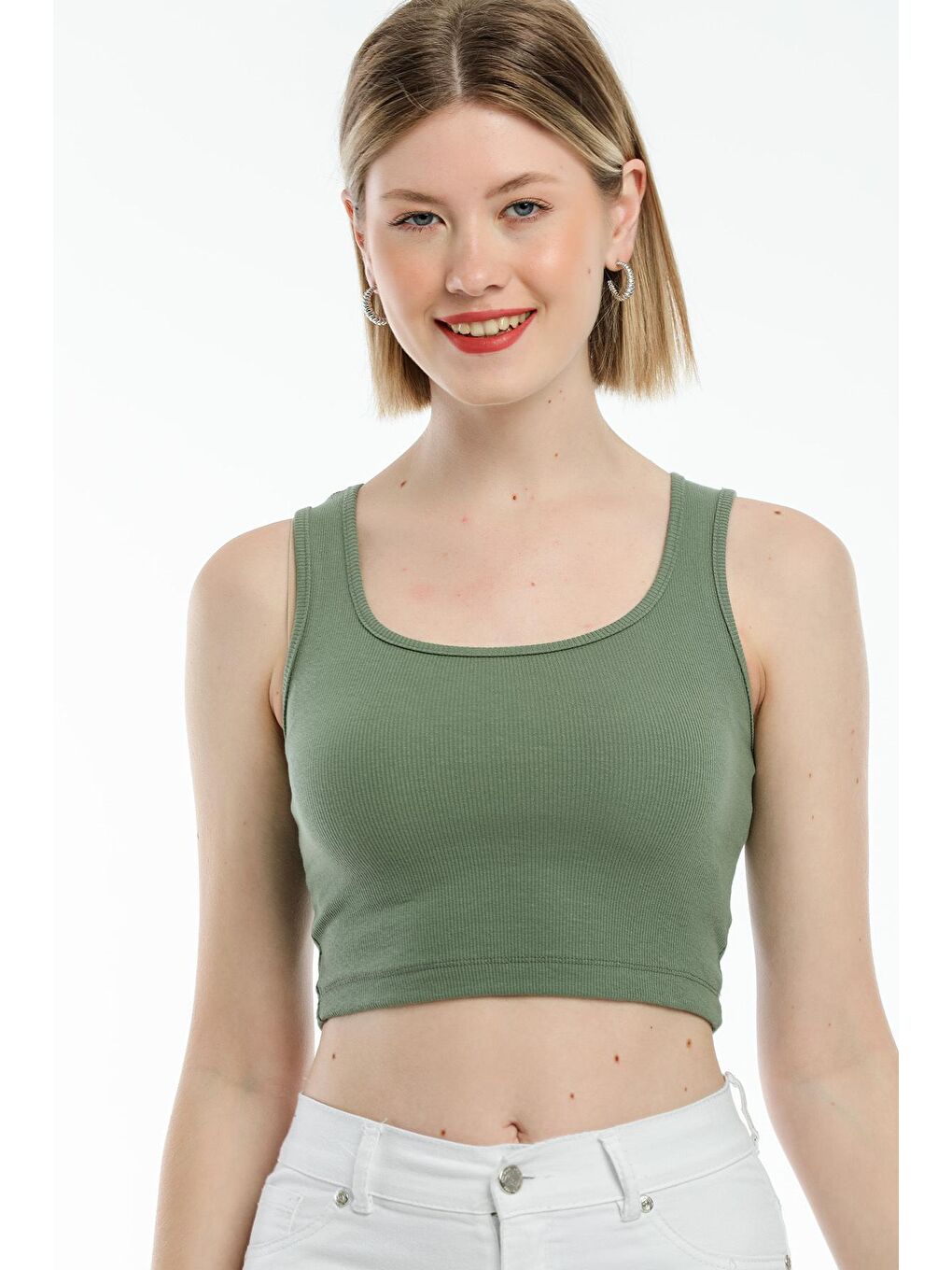 Haki Kadın Crop Örme Slim Fit Atlet-Tişort SPR21Y19-2