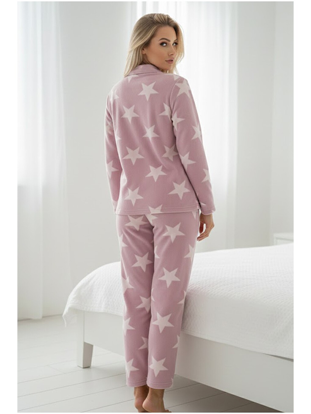 Pembe Yıldız Desenli Düğmeli Polar Kışlık Örme Pijama Takım-2