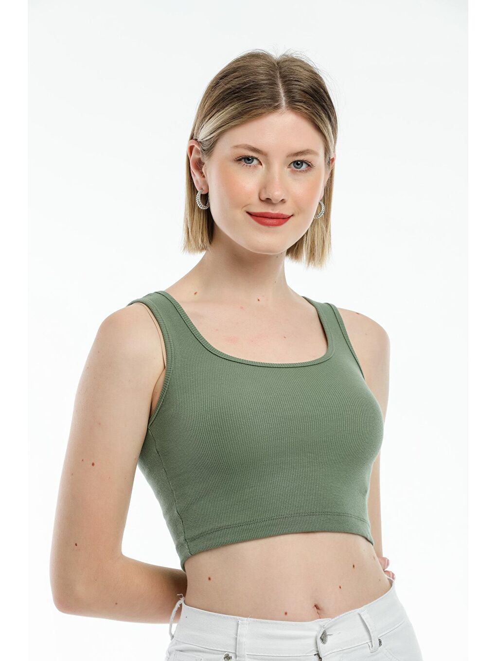 Haki Kadın Crop Örme Slim Fit Atlet-Tişort SPR21Y19-3