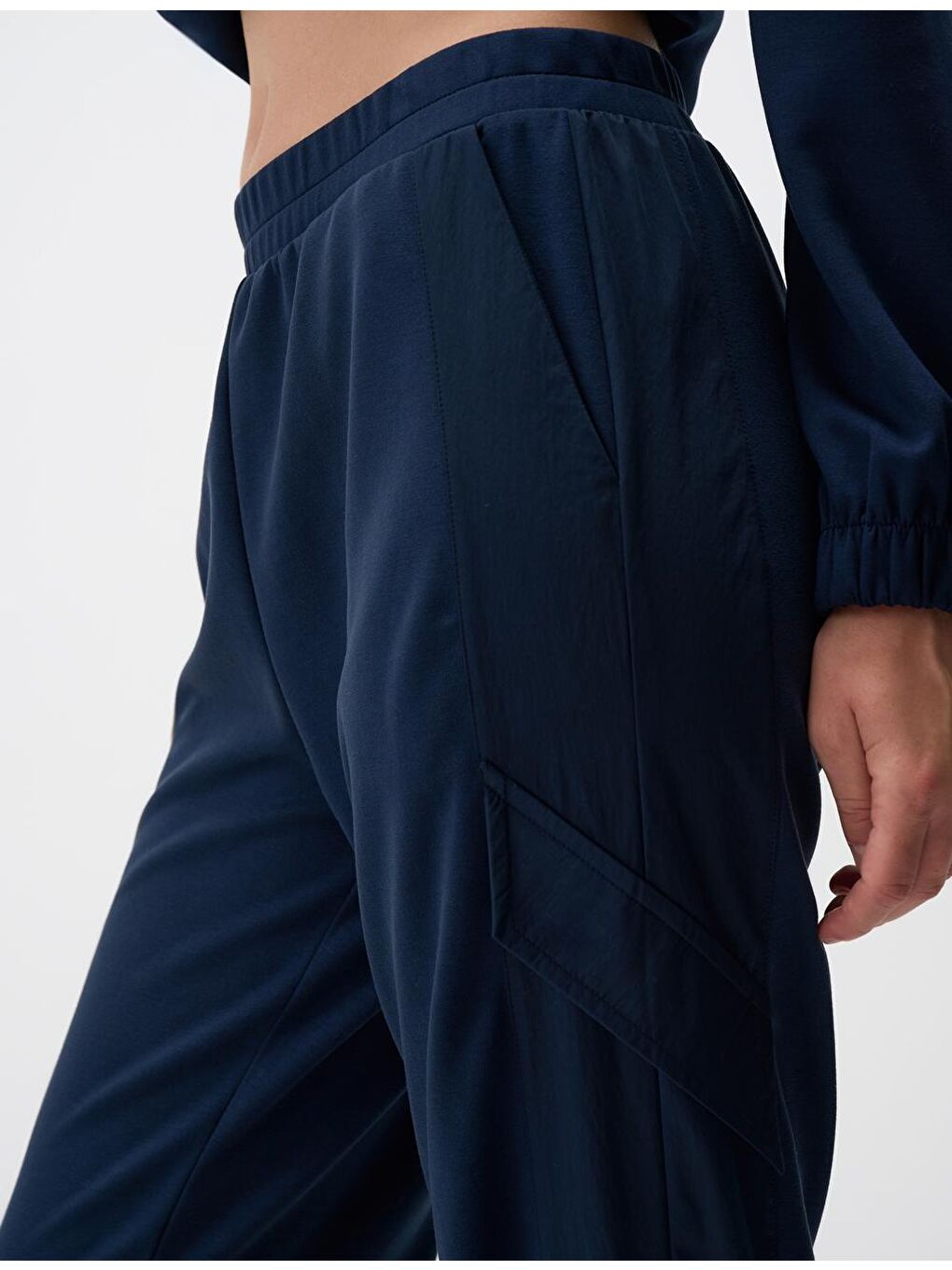 Lacivert Yüksek Bel Lastikli Paça Jogger Pantolon-4